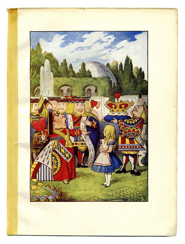 Alice meets the Queen of Hearts. Page scanned from an original book dated 1866, this is a colour illustration by John Tenniel from Lewis Carroll's 'Alice's Adventures in Wonderland'.
