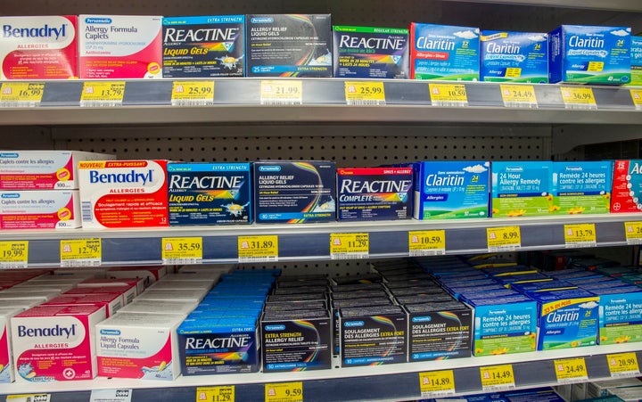 Antihistamines are seen at a pharmacy in Montreal on Nov. 11, 2019. Health Canada says it is reviewing a position statement from the Canadian Society of Allergy and Clinical Immunology on antihistamines.
