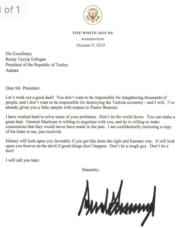 A copy of the letter Trump sent Erdogan on Oct. 9. Erdogan returned the letter Wednesday during a White House visit.