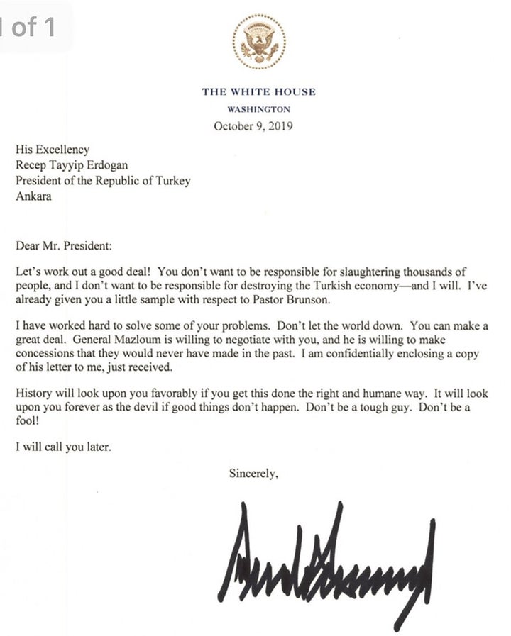 A copy of the letter Trump sent Erdogan on Oct. 9. Erdogan returned the letter Wednesday during a White House visit