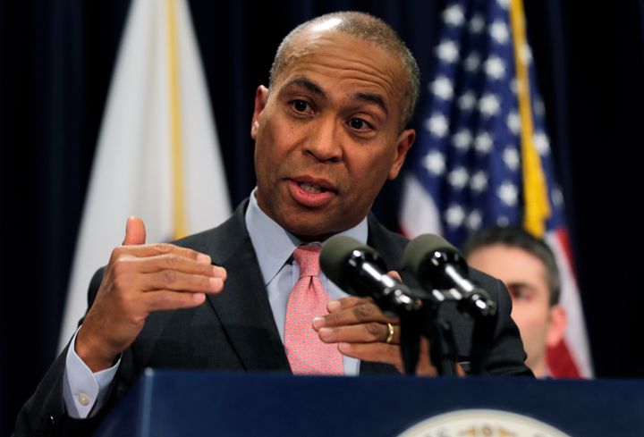 Gov. Deval Patrick gestures during a news conference at the Massachusetts State House in Boston on Jan. 22, 2014.