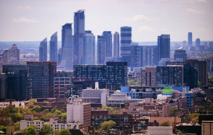 The condo towers of Humber Bay Shores are visible in this aerial shot of the west side of Toronto.