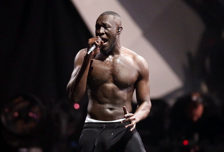 British grime artist Stormzy performs at the Brit Awards 2018 in London. 