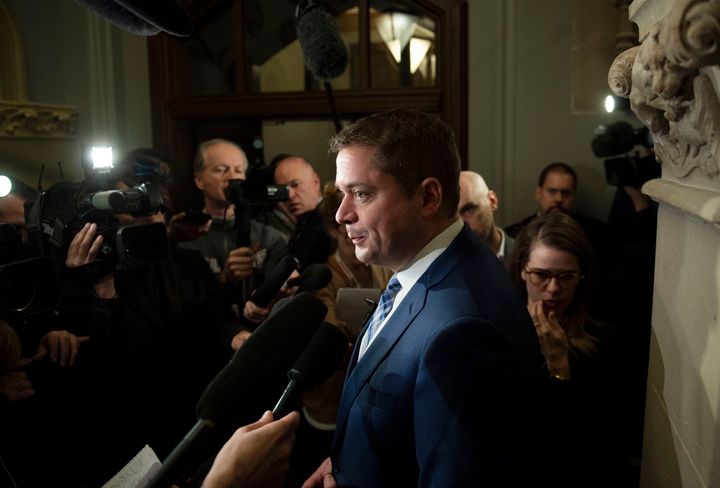 Conservative Leader Andrew Scheer speaks to reporters after leaving a meeting with Prime Minister Justin Trudeau in Ottawa on Tuesday, Nov. 12, 2019. 