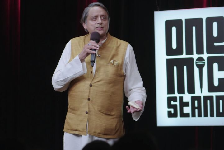 Shashi Tharoor performing a stand-up act in Noida