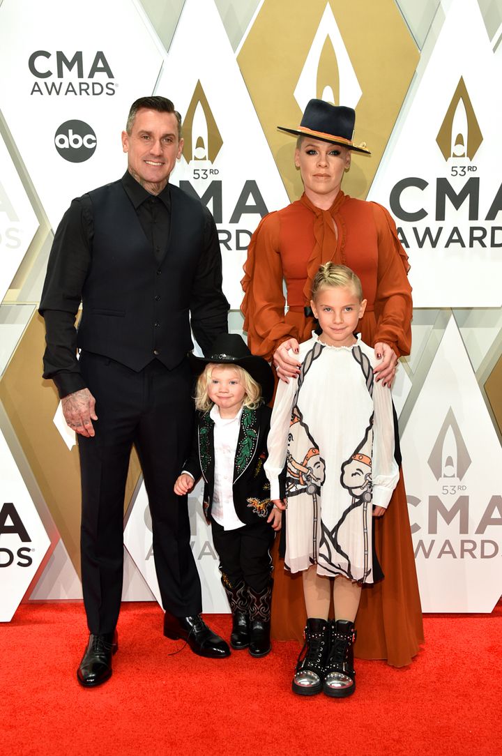 Pink attends the 53rd annual CMA Awards with husband Carey Hart and children Jameson and Willow Hart on Nov. 13, 2019, in Nashville, Tennessee.
