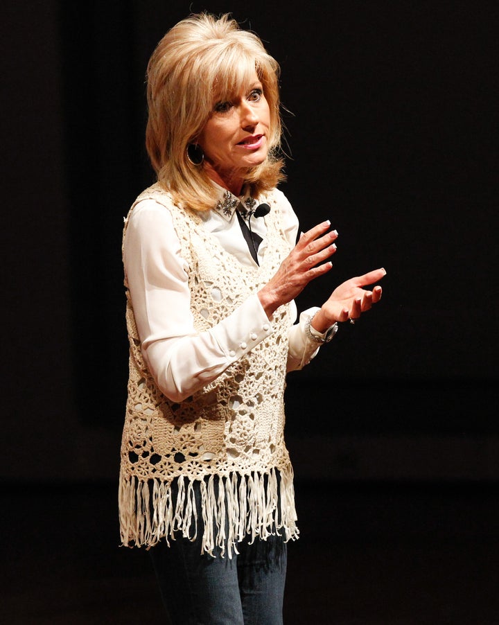 Evangelist and author Beth Moore speaks at a luncheon for nominees of the Dove Awards, a Christian music industry honor, 