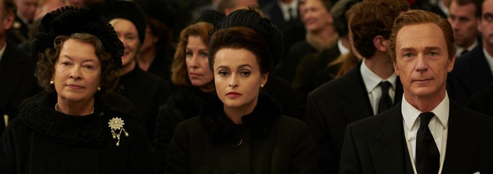 Marion Bailey, Helena Bonham Carter and Ben Daniels in "The Crown"