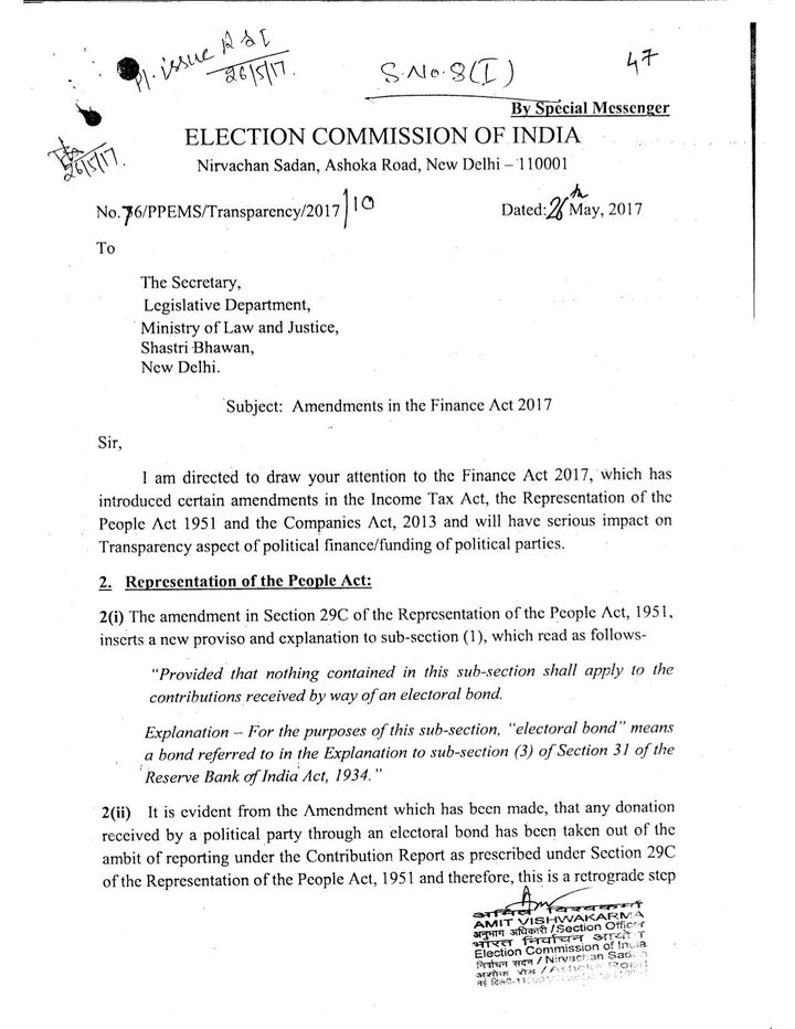 The ECI's May 2017 letter to the ministry of law and justice, obtained under the RTI Act.