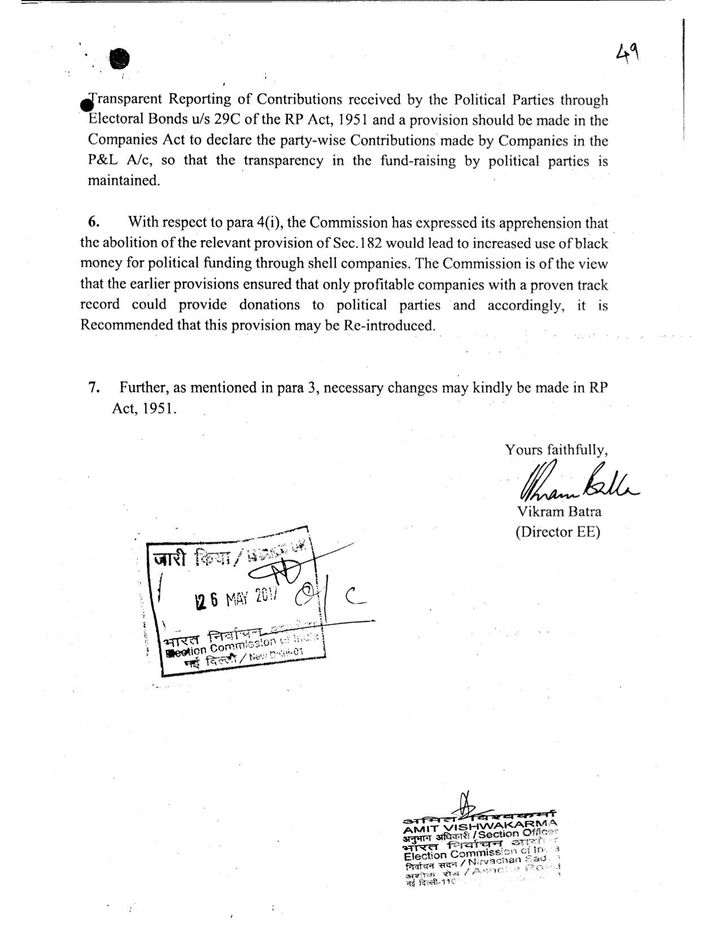 The ECI's May 2017 letter to the ministry of law and justice, obtained under the RTI Act.