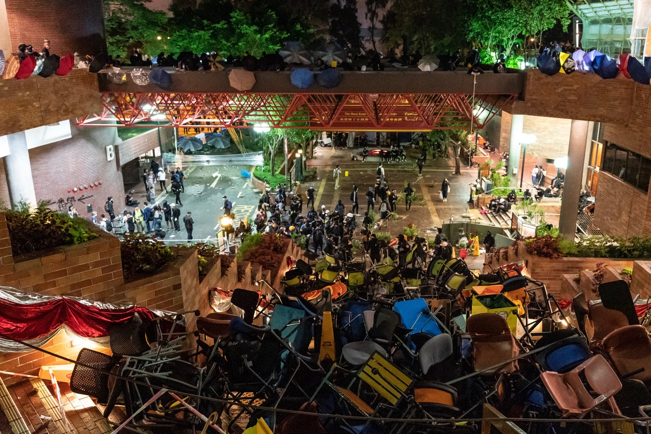 Barricades are set up by protesters at the Hong Kong Polytechnic University.