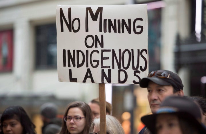 Members of the Tsilhqot'in First Nation hold a rally outside the federal court in downtown Vancouver, Jan. 30, 2017. The rally was to bring attention ahead of a federal court case involving Taseko Mines. THE CANADIAN PRESS/Jonathan Hayward