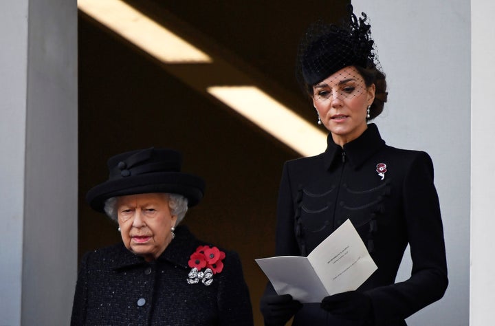 Queen Elizabeth and the Duchess of Cambridge attend a National Service of Remembrance in London on Nov. 10.&nbsp;