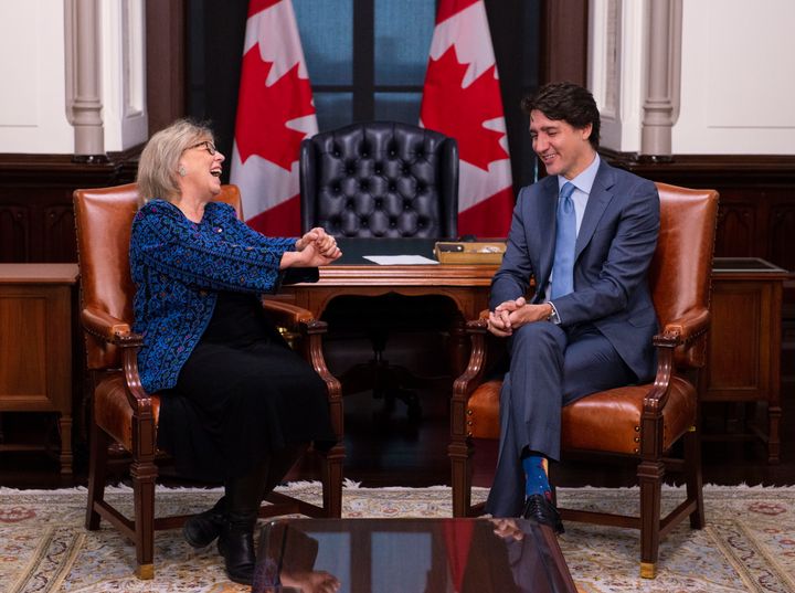 Green Party Parliamentary Leader Elizabeth May meets with Prime Minister Justin Trudeau in his office on Parliament Hill in Ottawa on Friday.