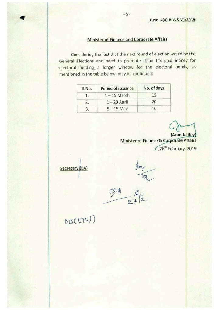 A note, signed by then Finance Minister Arun Jaitley, calling for electoral bonds to be sold for an extra 5 days in contravention of the rules.