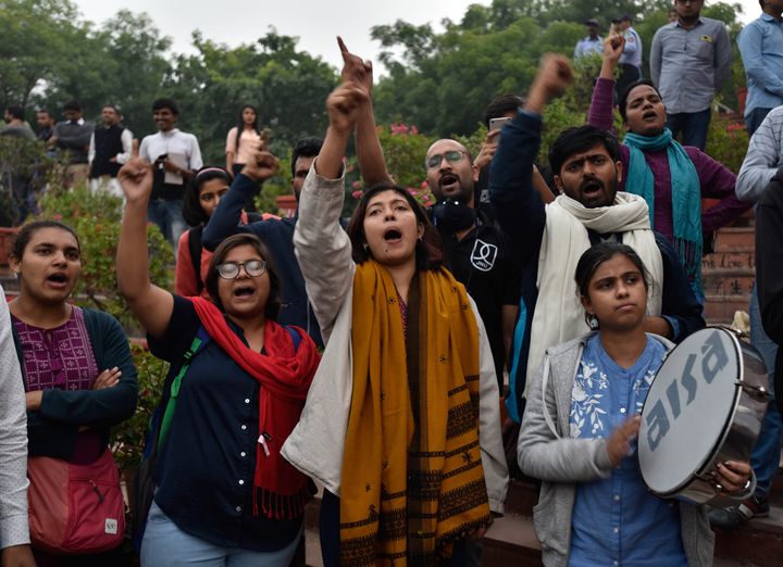 JNU students protest against the administration's move to hike the hostel fee on November 15, 2019 in New Delhi.