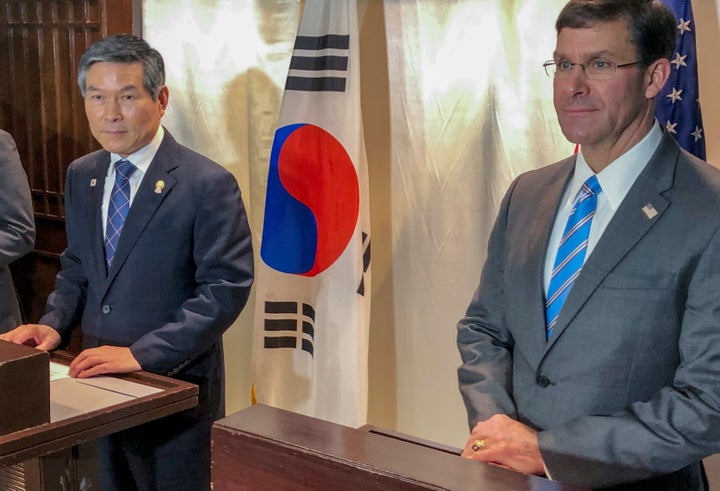 U.S. Defense Secretary Mark Esper, right and South Korea defense Minister Jeong Kyeong-doo, left attend a press conference in