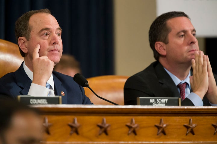 House Intelligence Committee Chairman Adam Schiff (left) speaks as ranking member Devin Nunes looks on, as former U.S. Ambassador to Ukraine Marie Yovanovitch testifies before the committee on Friday.