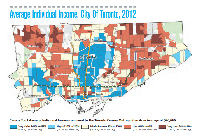 This map of incomes in Toronto show the wealthy live in an "upside down T" that mirrors the city's cubway network and the locations of its shopping high streets.