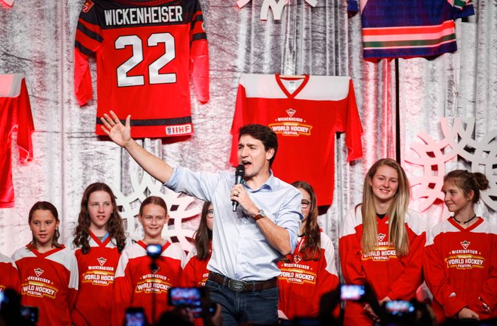 Prime Minister Justin Trudeau attends the Wickenheiser World Female Hockey Festival in Calgary on Nov. 22, 2018.