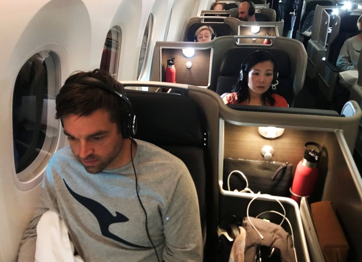 Passengers are seen on board Qantas flight QF7879, flying direct from London to Sydney, November 14, 2019. Picture taken November 14, 2019. REUTERS/Jill Gralow