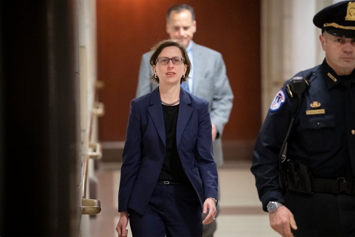 Laura Cooper, deputy assistant secretary of defense for Russia, Ukraine and Eurasia, returns to the Capitol on Oct. 30 to review her testimony and documents from an appearance last week in the impeachment inquiry.