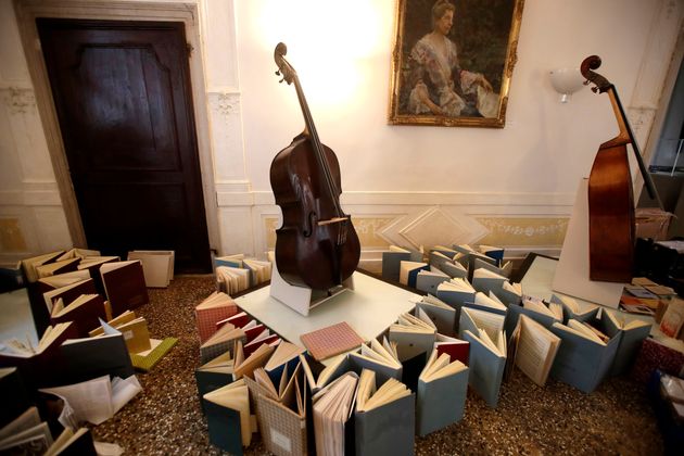 Music books are placed to dry at the first floor of Venice Conservatory after being recovered from the ground floor, on Saturday.