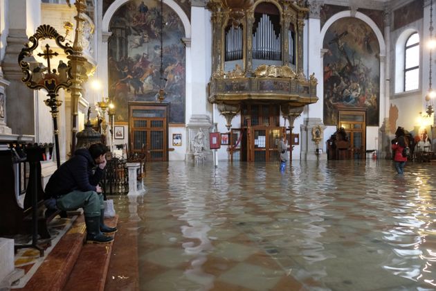 A flooded church is seen during a period of seasonal high water in Venice, Italy, on Sunday.