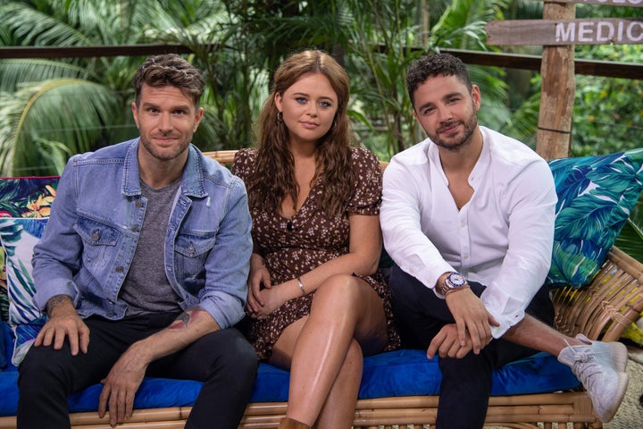 Joel Dommett with Extra Camp co-hosts Emily Atack and Adam Thomas