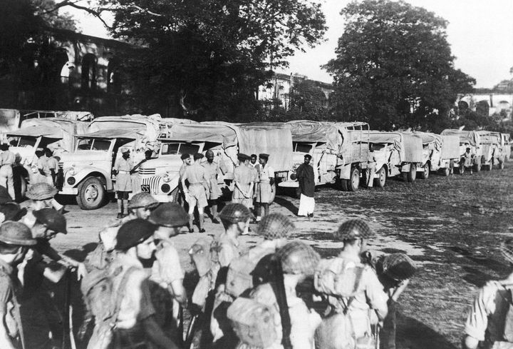 Army lorry convoys bearing food in famine-stricken Bengal, India, 1943. Then-PM Winston Churchill has been criticised for British policies' contribution to the disaster, which killed millions.
