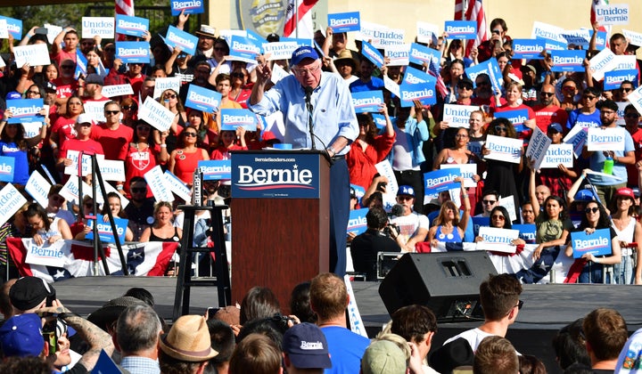 Vermont Sen. Bernie Sanders, who spent the weekend courting Latino voters, speaks to a rally in East Los Angeles. 