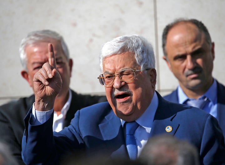 Palestinian president Mahmud Abbas gives a speech to mark the 15th anniversary of the death of his predecessor, late Palestin