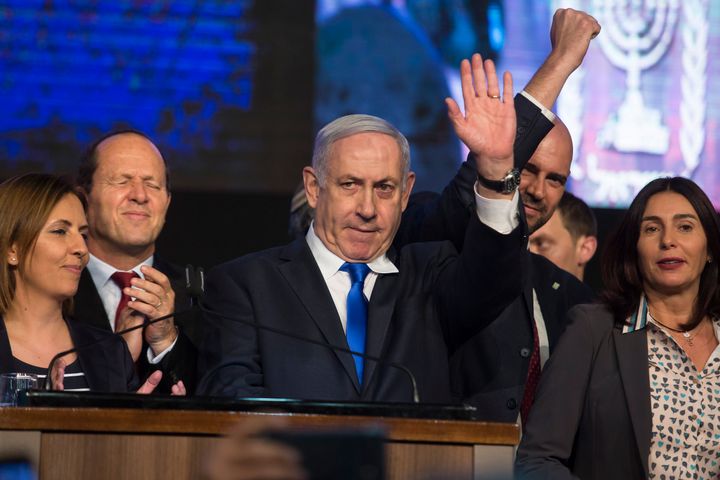 TEL AVIV, ISRAEL - NOVEMBER 17: Israeli Prime Minister Benjamin Netanyahu and Likud Party members greet supporters at a Party gathering on November 17, 2019 in Tel Aviv, Israel. Netanyahu and the Likud Party gather to block Blue and White Party leader Benny Gantz form a minority goverment backed by the arabs parties. (Photo by Amir Levy/Getty Images)