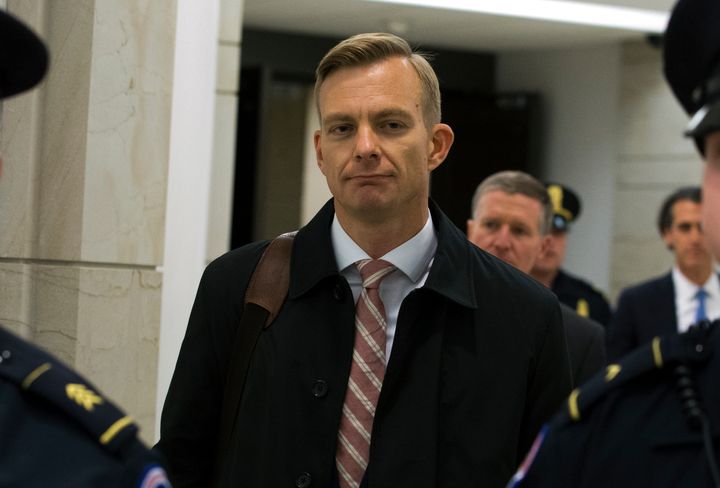 David Holmes, a career diplomat and the political counselor at the U.S. Embassy in Ukraine, leaves Capitol Hill on Friday after a deposition before congressional lawmakers.