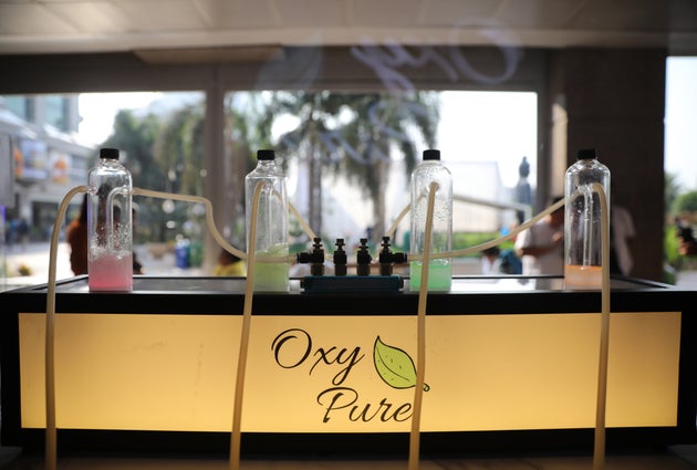 DELHI, INDIA - 2019/11/16: Oxygen fused with different aromas at the Bar.
Oxy Pure or Oxygen Bar offers a wide variety of purified oxygen to clients with different aromas via nasal cannulas. They offer 15 minute sessions that start at 4$ and go up to 7$. (Photo by Prabhat Mehrotra/SOPA Images/LightRocket via Getty Images)