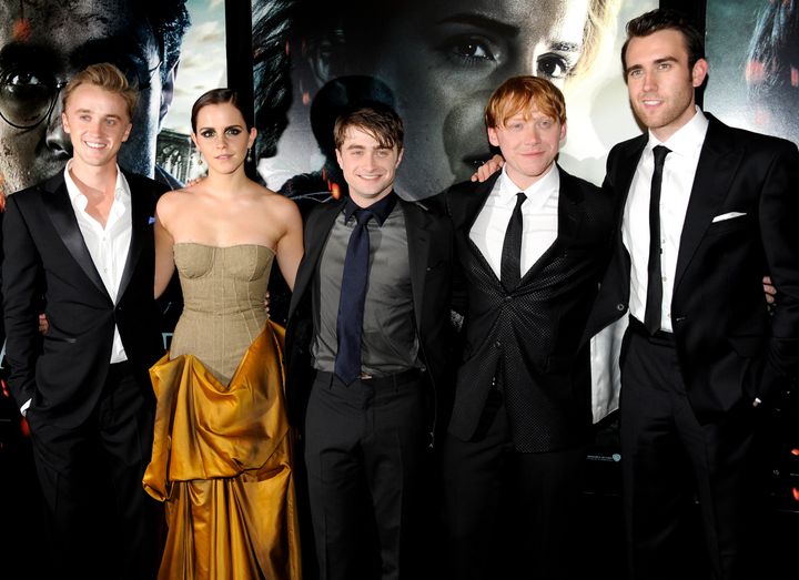 Tom Felton, Emma Watson, Daniel Radcliffe, Rupert Grint and Matthew Lewis pose together at the premiere of "Harry Potter and the Deathly Hallows: Part 2" in 2011.
