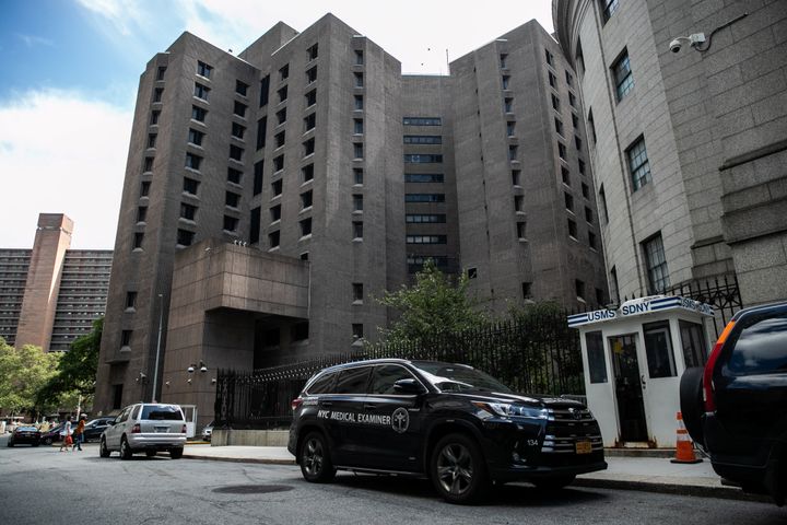 A medical examiner vehicle is seen outside the Metropolitan Correctional Center jail where financier Jeffrey Epstein was found dead on August 10.
