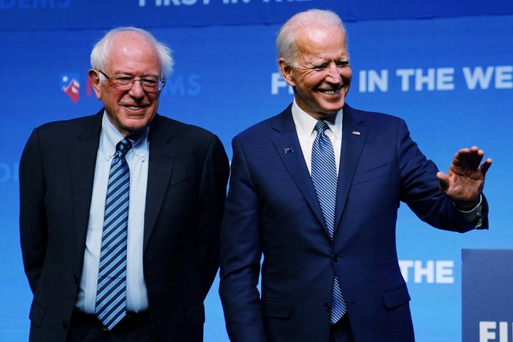 Sanders and Joe Biden are pictured onstage at a First in the West Event at the Bellagio Hotel in Las Vegas, Nevada, on Nov. 17.