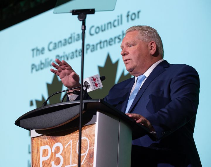 Ontario Premier Doug Ford addresses the crowd during P3 2019: The 27th Annual CCPPP National Conference at the Sheraton Toronto Centre Hotel on Nov. 19, 2019.