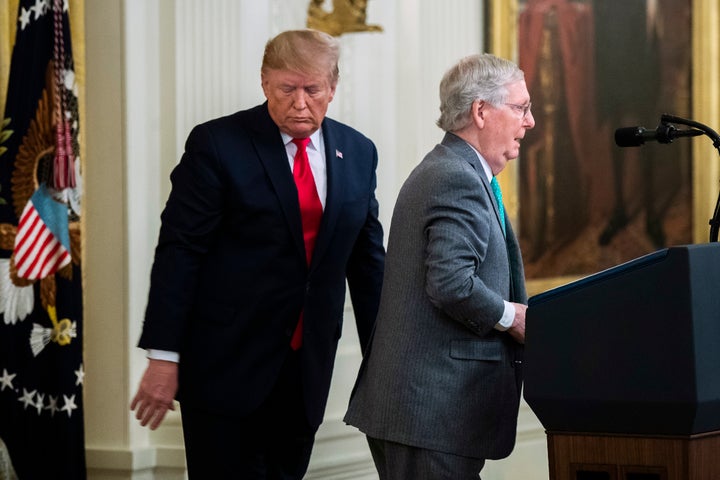 President Donald Trump invites Senate Majority Leader Mitch McConnell, R-Ky., to speak in the East Room of the White House du
