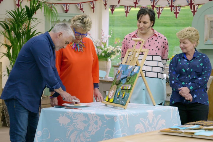 Paul Hollywood, Prue Leith, Noel Fielding and Sandi Toksvig in "The Great British Baking Show."