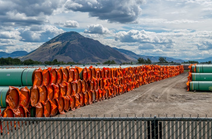 Steel pipe to be used in the oil pipeline construction of the Trans Mountain Expansion Project in B.C. on June 18, 2019. 
