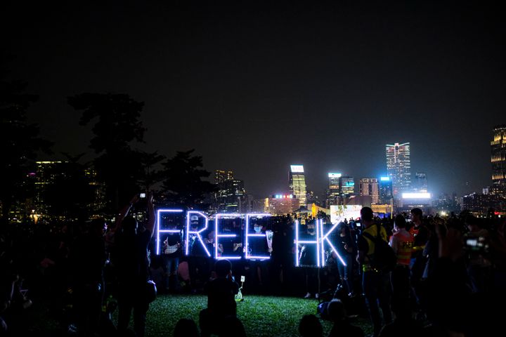 A Free HK sign during a Nov. 11 memorial rally at Tamar Park in Hong Kong to mourn the death of a 22-year-old university student, Alex Chow Tsz Lok, who died of a brain injury during a fall in a Nov. 4 skirmish with police.