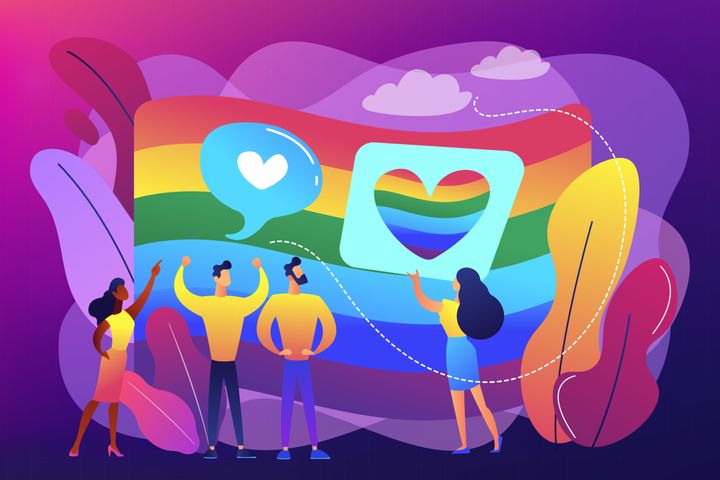 Rainbow coloured flag and LGBT community demonstration with hearts. Sexuality and gender identity, sexual orientation, LGBT movement concept. Bright vibrant violet vector isolated illustration