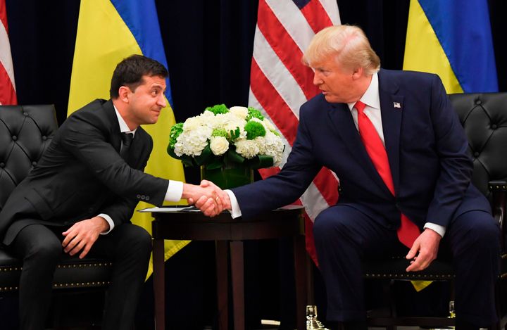 President Donald Trump shakes hands with Ukrainian President Volodymyr Zelensky during a meeting in New York on Sept. 25.