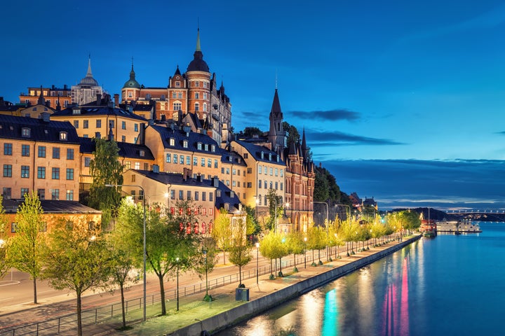 Old buildings in the Sodermalm district at dusk.