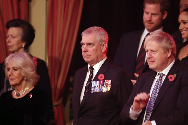 Princess Anne; Camilla, Duchess of Cornwall; Prince Andrew; the Duke and Duchess of Sussex; and Prime Minister Boris Johnson attend the annual Royal British Legion Festival of Remembrance on Nov. 9 in London.