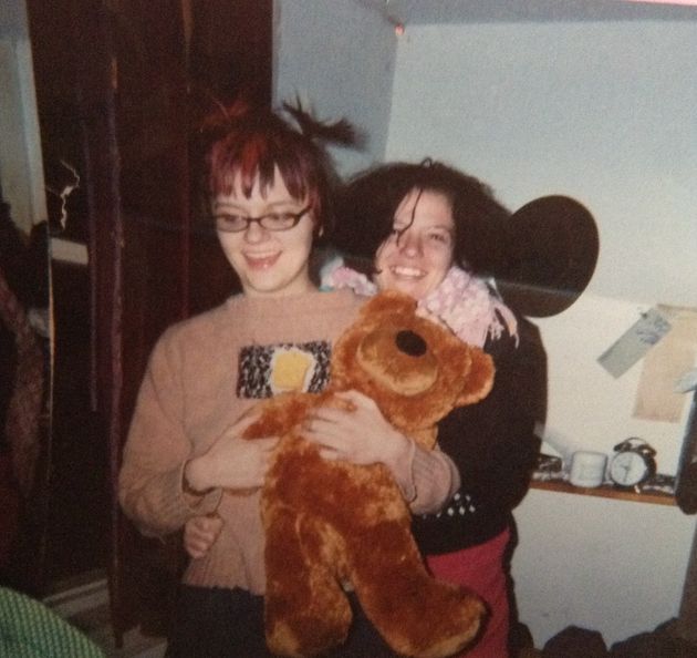 The author (left) and her friend Axi holding a bear supposedly infested with fleas, in late 2003