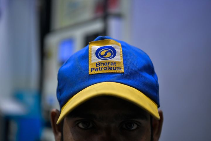 The trademark of Bharat Petroleum Corporation on the cap of an employee at a gas stations. 