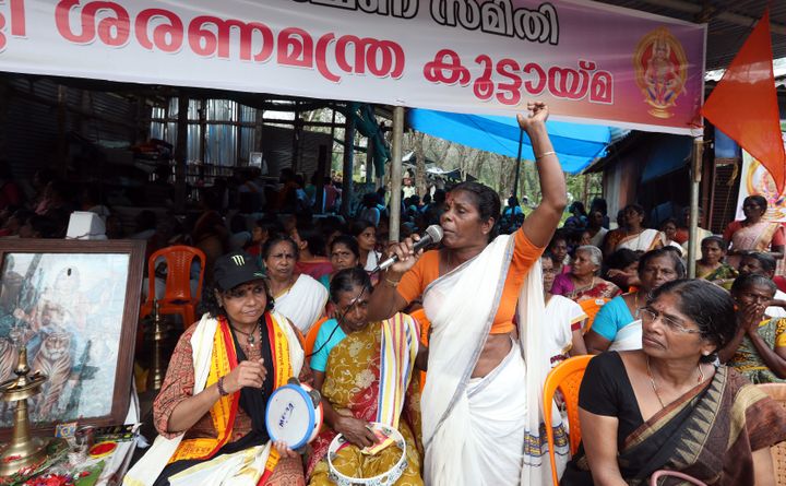 Members of Sabarimala Achara Samrakshan Samiti protest at Nilakkal base camp on October 16, 2018 in Pathanamthitta.